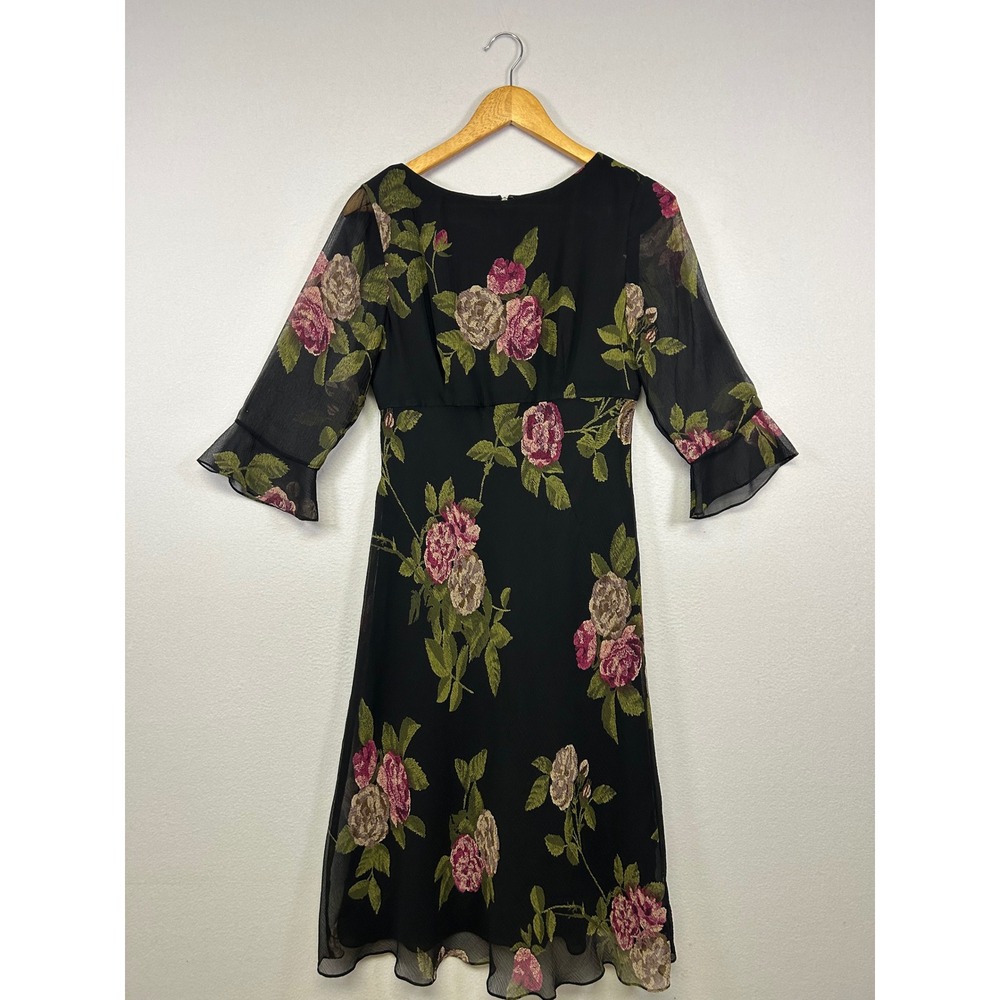 Cottagecore Romantic Talbots Womens 4 Black Floral 100% Silk Bell Slv Midi Dress